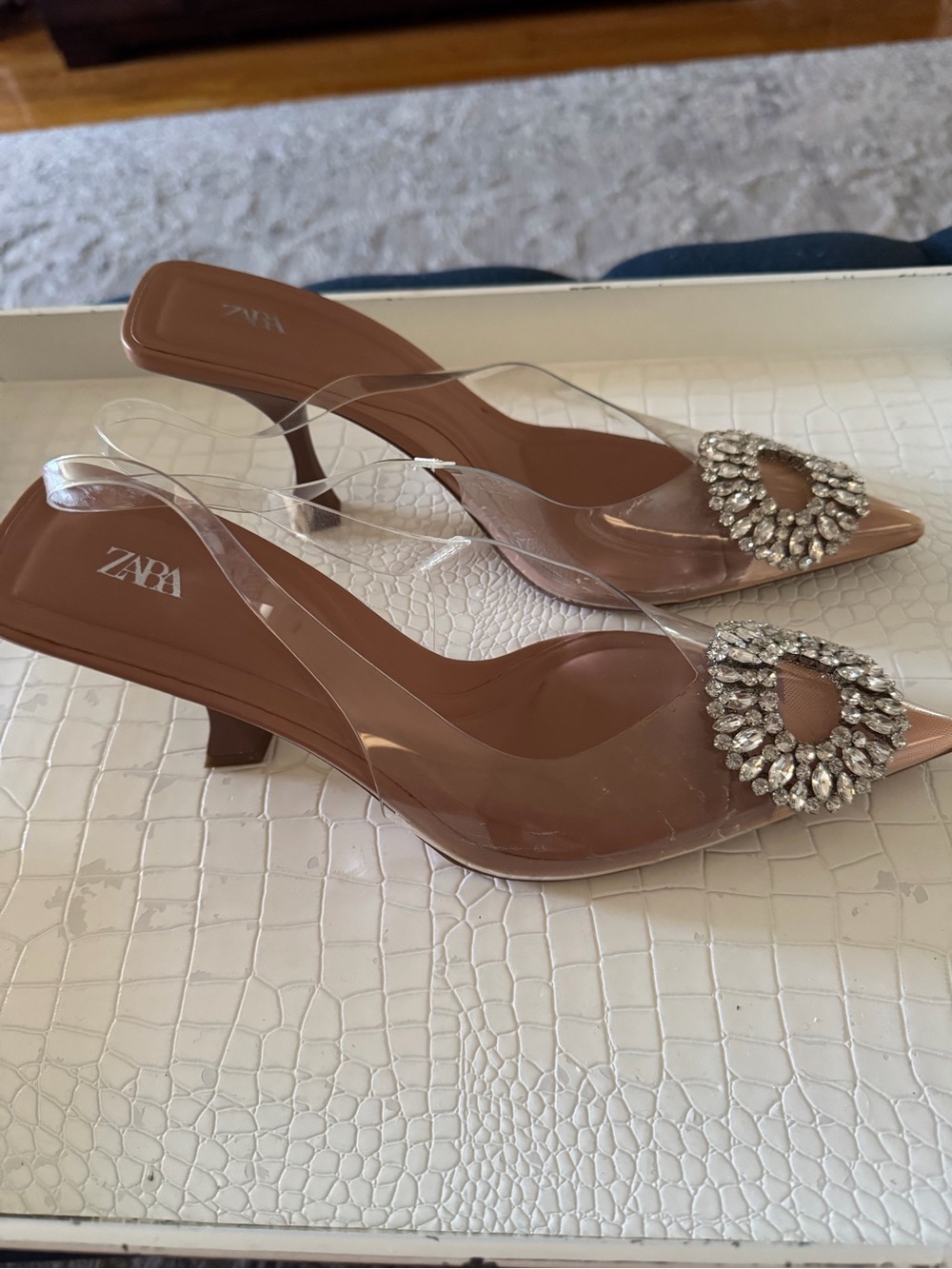 Zara Clear Slingback Heels with Brown Insole and Crystal Rosette - Picture 3 of 3